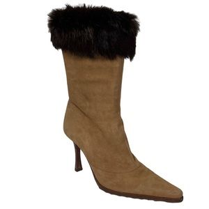 Genuine Fur Trim Cuff Heeled Boots Tan Beige Suede Leather Brown Y2K Size 7